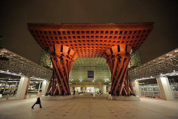 Modern red torii gate at Kanazawa Station