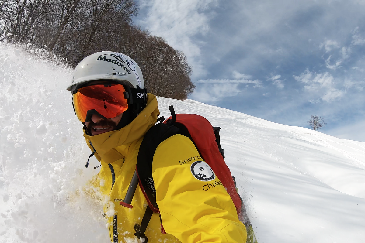 First run down Giant at Madarao Mountain with blue skies and perfect snow